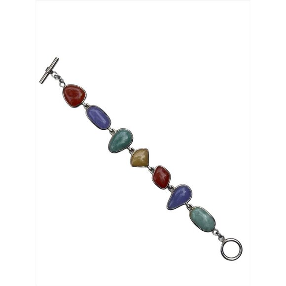 Vintage Sterling Silver Multicolor Jade Bracelet - Picture 1 of 8